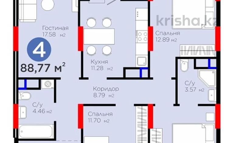4-бөлмелі пәтер · 88 м² · 3/17 қабат, Е 908 23, бағасы: 49 млн ₸ в Астане, Нура р-н — фото 2