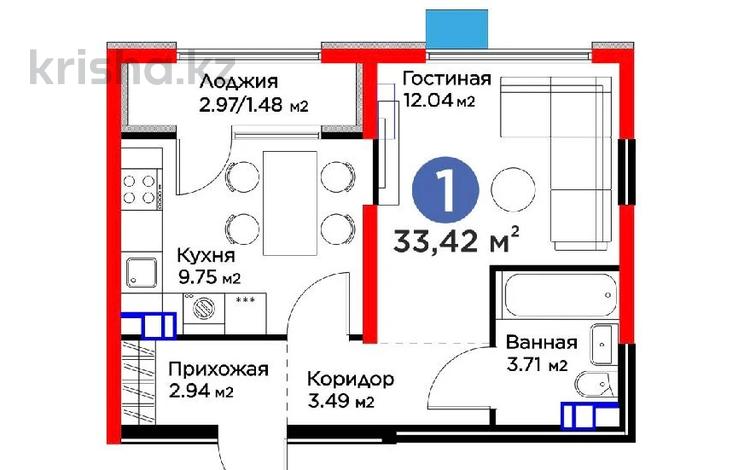 1-комнатная квартира · 33.42 м² · 4/6 этаж, Кайрат микрорайон 716/16 — Переоформление в офисе BI Group за 24 млн ₸ в Алматы, Турксибский р-н — фото 2