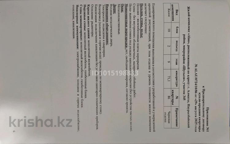 2-бөлмелі пәтер · 71.1 м² · 9/9 қабат, Шұғыла ш/а. 345, бағасы: 38.5 млн ₸ в Алматы, Наурызбайский р-н — фото 4