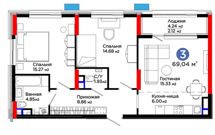 3-бөлмелі пәтер · 69.04 м², 9 — Сыганак, бағасы: ~ 44.9 млн 〒 в Астане, Есильский р-н — фото 5