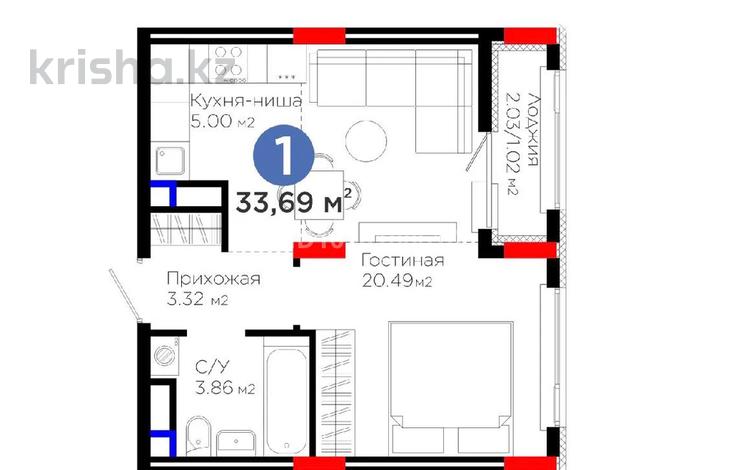 1-бөлмелі пәтер · 33.83 м² · 8/12 қабат, Е 908 23, бағасы: 22.9 млн ₸ в Астане, Нура р-н — фото 2