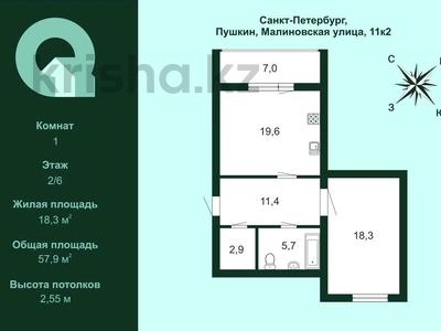 2-бөлмелі пәтер · 57.9 м² · 2/6 қабат, Малиновая 11, бағасы: 72.6 млн 〒 в Санкт-петербурге