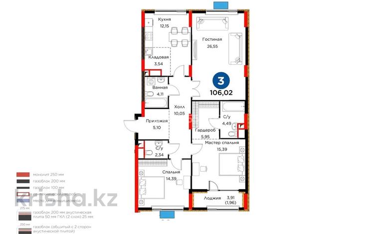 3-бөлмелі пәтер · 106.02 м² · 4/9 қабат, Сагадат Нурмагамбетов 15, 16, бағасы: 83 млн ₸ в Астане, Сарайшык р-н — фото 2