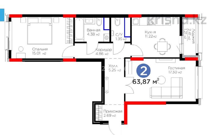 2-комнатная квартира, 63.87 м², 13/14 этаж, Анет баба 8 за 32.6 млн 〒 в Астане, Нура р-н — фото 2