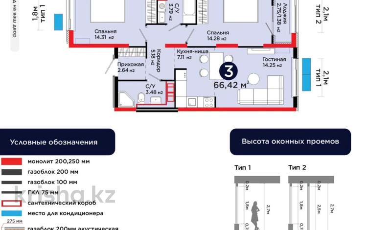 3-бөлмелі пәтер · 66.42 м² · 7/9 қабат, Райымбек 535/2, бағасы: 37 млн ₸ в Алматы, Алатауский р-н — фото 2