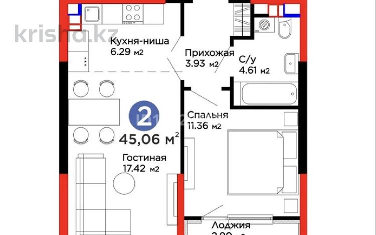 2-бөлмелі пәтер · 45 м² · 4/6 қабат, мкр Акжар, Белжайлау 47а, бағасы: 37 млн ₸ в Алматы, Наурызбайский р-н — фото 2