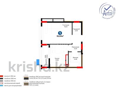 1-комнатная квартира · 37 м² · 8/9 этаж, Е 101 5 — Туран-космический центр ракеты за 37 млн ₸ в Астане, Нура р-н