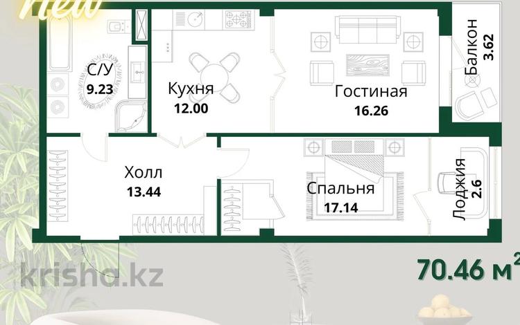 2-комнатная квартира · 70.46 м² · 7/12 этаж, Квартал 189 373 за 32 млн ₸ в Шымкенте, Абайский р-н — фото 2