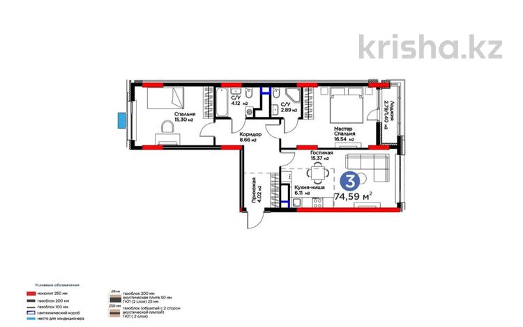 3-комнатная квартира · 74.59 м² · 7/17 этаж, Жошы хан 10 за 58.5 млн ₸ в Астане, Есильский р-н — фото 2