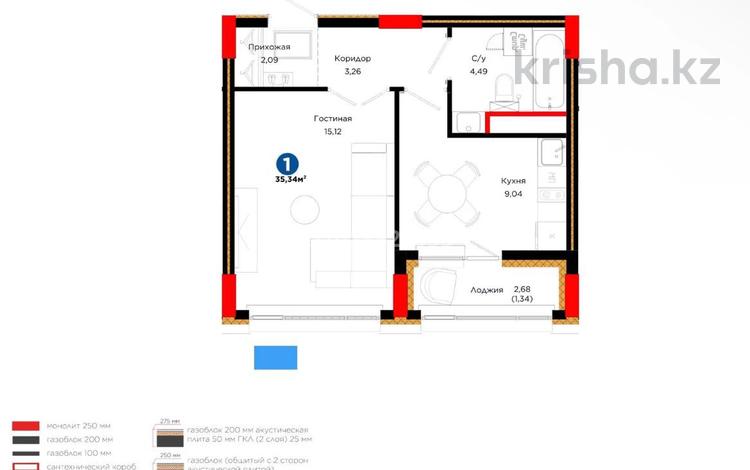 1-бөлмелі пәтер · 35.4 м² · 9/17 қабат, Кенесары 54, бағасы: 32 млн ₸ в Астане, р-н Байконур — фото 2