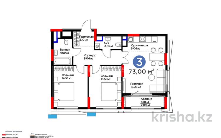 3-бөлмелі пәтер · 73 м² · 14/17 қабат, Хусейн бен Талал 37, бағасы: 61.5 млн ₸ в Астане, Есильский р-н — фото 4