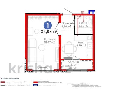 1-комнатная квартира · 34.54 м² · 9/17 этаж, Улы Дала 14 — Первая линия Улы дала за ~ 23 млн 〒 в Астане, Нура р-н