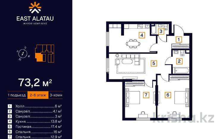 3-бөлмелі пәтер · 73.2 м² · 5/6 қабат, Алатауская трасса 1, бағасы: ~ 30.7 млн ₸ в Туздыбастау (Калинино) — фото 2