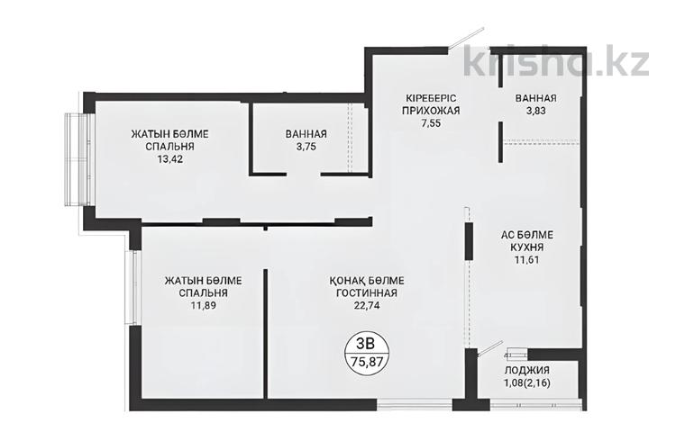 3-комнатная квартира · 75.87 м² · 9/9 этаж, Пересечение ул. Калдаякова и ул. Жургенова — БЕЗ КОМИССИИ за ~ 42.2 млн ₸ в Астане, Сарайшык р-н — фото 16