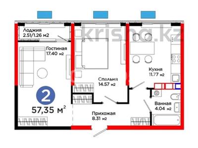 2-бөлмелі пәтер · 57.35 м² · 4/12 қабат, мкр Асар , Квартал 189 1 блок — Туркия и Алатау батыр, бағасы: 30 млн ₸ в Шымкенте, Абайский р-н