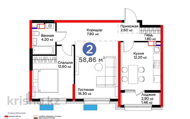 2-бөлмелі пәтер · 58.86 м² · 5/16 қабат, Толеметова, возле DENDRO SAYABAQ 64/5 — пересечение улиц Казиева и Толеметова, бағасы: 38 млн ₸ в Шымкенте, Абайский р-н — фото 2
