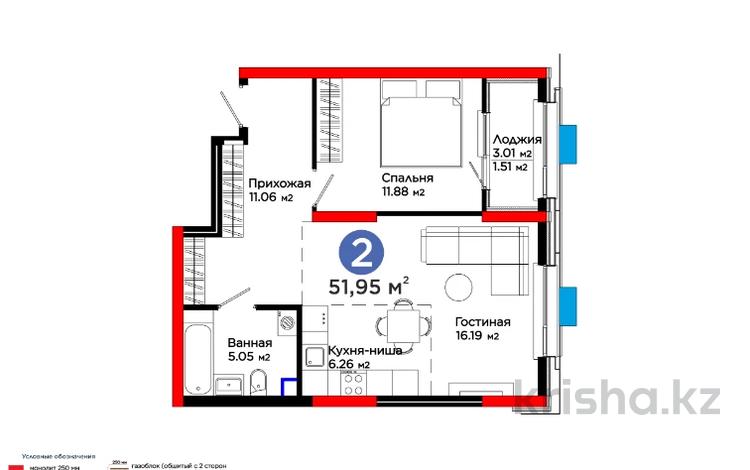 2-комнатная квартира, 51.95 м², 2/16 этаж, Абая за ~ 24.2 млн 〒 в Шымкенте, Туран р-н — фото 2