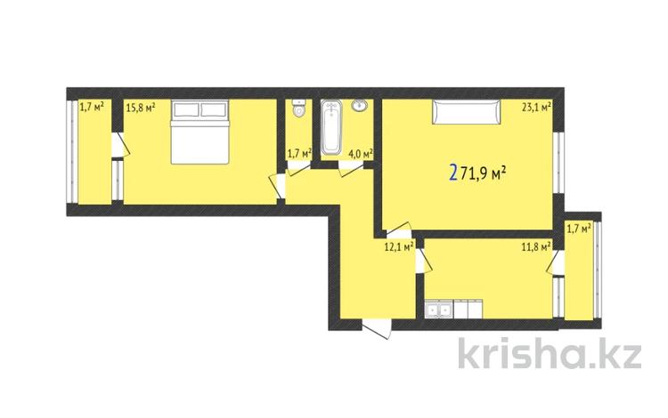 2-комнатная квартира, 71.9 м², 3/5 этаж, Микрорайон Береке 161 за ~ 23.7 млн 〒 в Костанае — фото 2