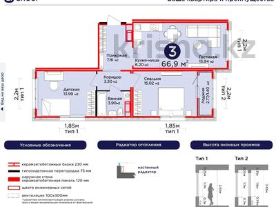 3-бөлмелі пәтер · 67 м² · 8/12 қабат, Улы Дала 14, бағасы: 29 млн ₸ в Астане, Нура р-н