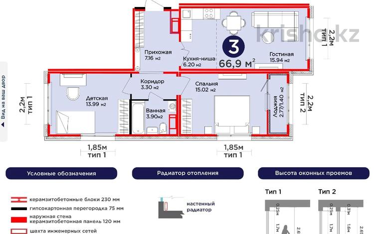 3-бөлмелі пәтер · 67 м² · 8/12 қабат, Улы Дала 14, бағасы: 29 млн ₸ в Астане, Нура р-н — фото 2