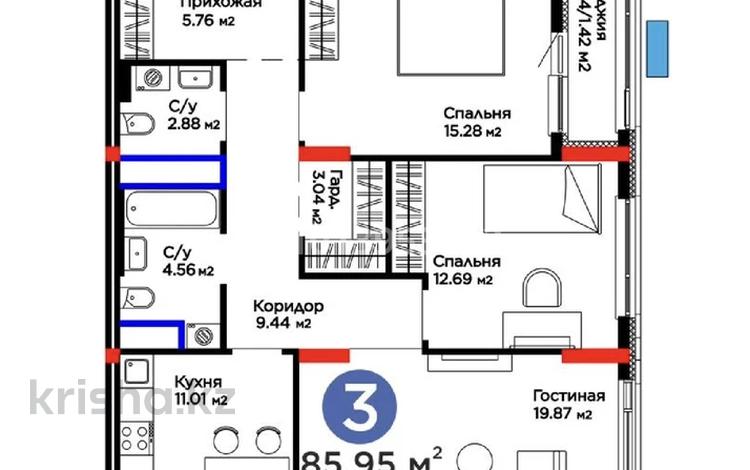 3-бөлмелі пәтер · 86 м² · 5/12 қабат, Е-15 5, бағасы: 53 млн ₸ в Астане, Нура р-н — фото 3