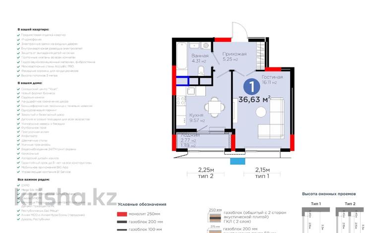1-комнатная квартира · 36.63 м² · 9/9 этаж, Турар Рыскулов 18/1 за 26 млн ₸ в Астане, Есильский р-н — фото 2