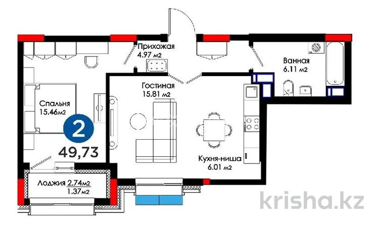 2-комнатная квартира, 49.73 м², 2 этаж, Е-305 11 за 23 млн 〒 в Астане, Есильский р-н — фото 2
