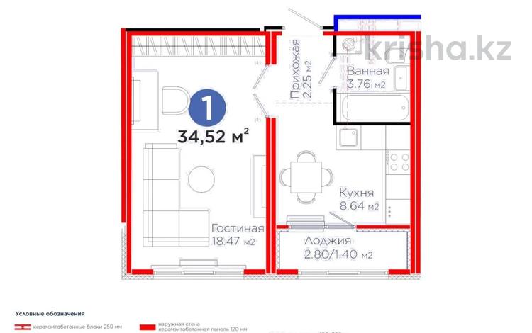 1-комнатная квартира · 34.52 м² · 3/17 этаж, Улы Дала 10 за 25 млн ₸ в Астане, Нура р-н — фото 3