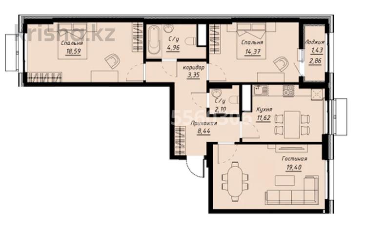 3-бөлмелі пәтер · 86.1 м² · 5/9 қабат, Е 430 улица 2/4 — Айтматова/Мухамедханова, бағасы: 45.7 млн ₸ в Астане, Нура р-н — фото 2