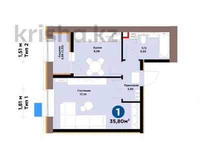 1-комнатная квартира · 35.8 м² · 12/12 этаж, Хусейн бен Талал 1, 11/1-2 за 23.5 млн ₸ в Астане, Нура р-н