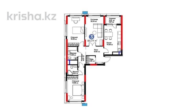 3-комнатная квартира · 83.3 м² · 21/22 этаж, Туран 57/1 за 60 млн ₸ в Астане, Нура р-н — фото 2