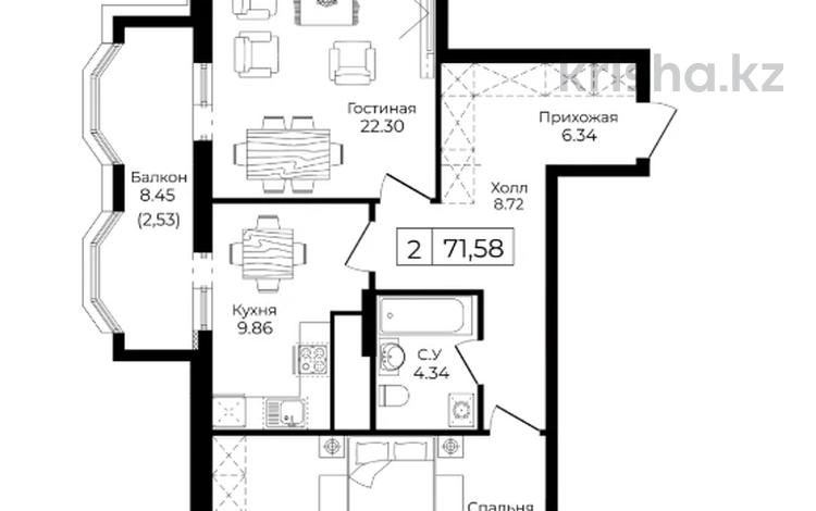 2-комнатная квартира · 71.58 м² · 12/16 этаж, Анет Баба 4 за 32 млн 〒 в Астане, Нура р-н — фото 2