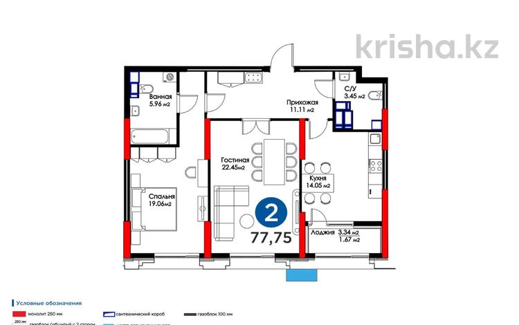 2-бөлмелі пәтер, 77.75 м², 9/21 қабат, Кунаева 5стр, бағасы: 55.5 млн 〒 в Астане, Есильский р-н — фото 4