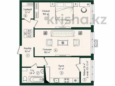 2-бөлмелі пәтер · 61 м² · 4/12 қабат, Култегин — бульвар GreenLine, бағасы: ~ 32.3 млн ₸ в Астане, Нура р-н