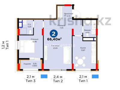 2-комнатная квартира · 66.4 м² · 7/9 этаж, Е-899 за 54 млн ₸ в Астане, Нура р-н
