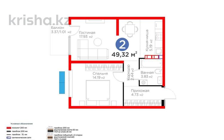 2-бөлмелі пәтер · 49.4 м² · 2/6 қабат, ​Приканальная БАК 99а, бағасы: 36 млн ₸ в Алматы, Медеуский р-н — фото 2