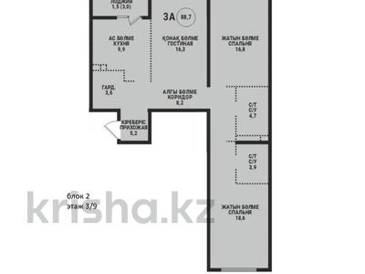 3-бөлмелі пәтер · 88.7 м² · 3/9 қабат, мкр Ботакоз 5 — Рыскулова Момышулы, бағасы: ~ 49.1 млн ₸ в Алматы, Алатауский р-н