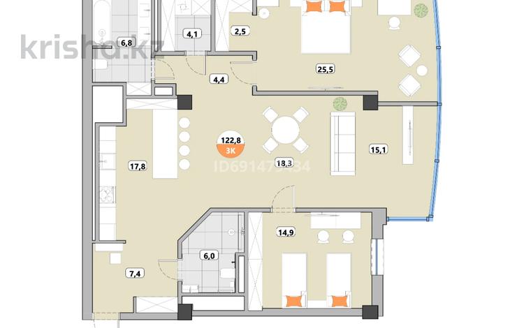 3-бөлмелі пәтер, 122.8 м², 4/7 қабат, мкр Горный Гигант, Жамакаева 254/2 — Пр. Аль-Фараби - ул. Нурлан Каппарова, бағасы: ~ 132.6 млн 〒 в Алматы, Медеуский р-н — фото 2