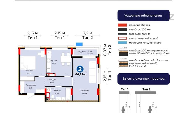 2-комнатная квартира · 62.27 м² · 9/9 этаж, Е 101 5 за 37.5 млн ₸ в Астане, Нура р-н — фото 2