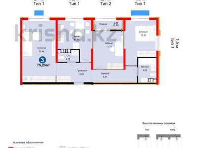 3-комнатная квартира · 75.25 м² · 6/6 этаж, Бауыржана Момышулы 11/14а за 45 млн ₸ в Алматы, Алатауский р-н