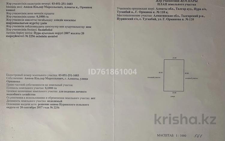 Жер телімі · 10 сотық, Орманова 110, бағасы: 2.5 млн ₸ в Туганбае — фото 2