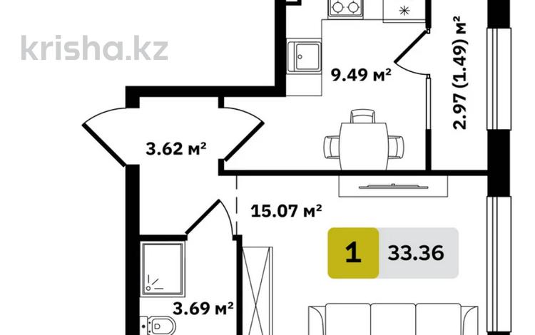 1-бөлмелі пәтер · 33.36 м² · 3/9 қабат, Туркестан 115, бағасы: 20.8 млн ₸ в Алматы — фото 2