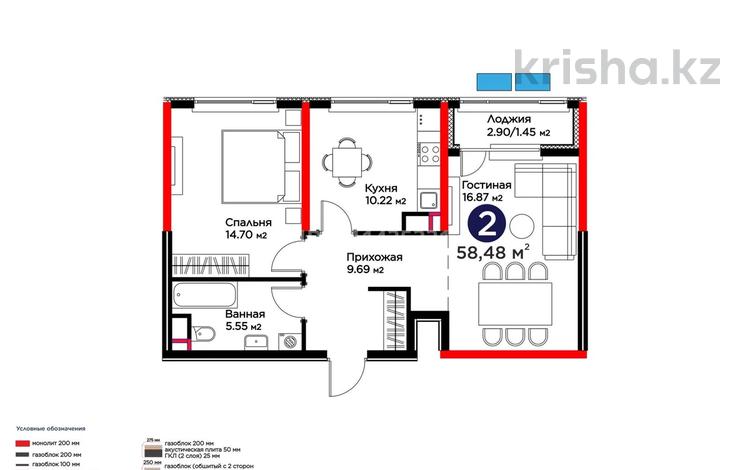2-бөлмелі пәтер · 58.48 м² · 3/9 қабат, Е 908 23 — Улы Дала Айтматова, бағасы: 34 млн ₸ в Астане, Нура р-н — фото 2