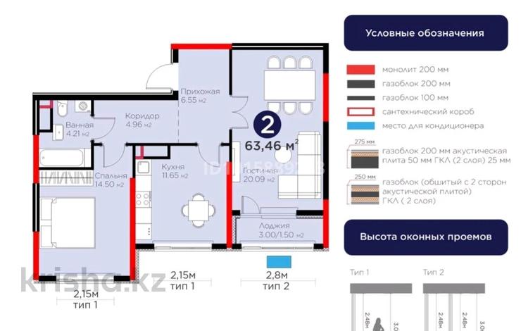 2-бөлмелі пәтер · 63.4 м² · 4/17 қабат, Е 908, бағасы: 44.5 млн ₸ в Астане, Нура р-н — фото 2