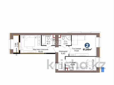 2-бөлмелі пәтер · 61.86 м² · 8/12 қабат, Хусейн бен Талал 1, 11/1-2, бағасы: 41 млн ₸ в Астане, Нура р-н