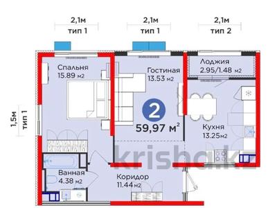 2-бөлмелі пәтер · 60 м² · 6 қабат, Тараз — Самая низкая цена, бағасы: 37.5 млн ₸ в Алматы, Турксибский р-н