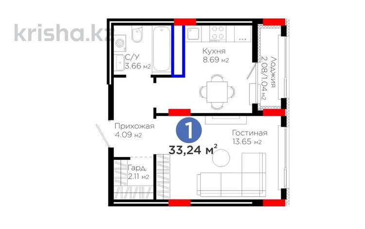 1-бөлмелі пәтер · 33.24 м² · 8/9 қабат, Е 908 23, бағасы: 19.9 млн ₸ в Астане, Нура р-н — фото 3