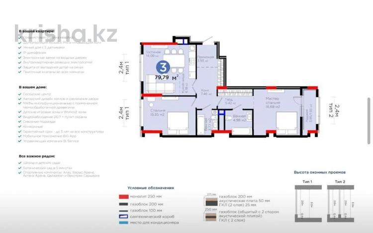 3-комнатная квартира · 80 м² · 6/8 этаж, Бухар жырау 20 — 1 Очередь за 68.5 млн ₸ в Астане, Нура р-н — фото 17