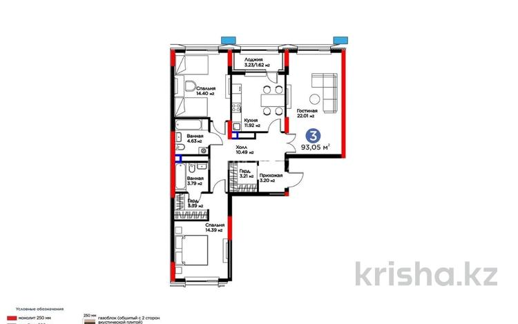 3-бөлмелі пәтер · 93.05 м² · 5 қабат, Сагадат Нурмагамбетов 17, бағасы: 53 млн ₸ в Астане, Сарайшык р-н — фото 2