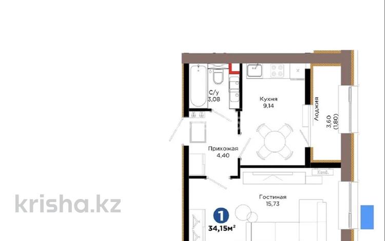 1-бөлмелі пәтер · 34.15 м² · 12/12 қабат, Хусейн бен Талал, бағасы: 22 млн ₸ в Астане, Нура р-н — фото 2